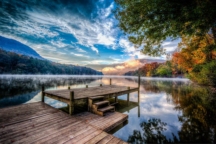 USA, Fluss, Dock, USA, Fluss, Dock, Nebel, Dunst, Wald, Bäume, Herbst, Wolken, Natur, HD-Hintergrundbild