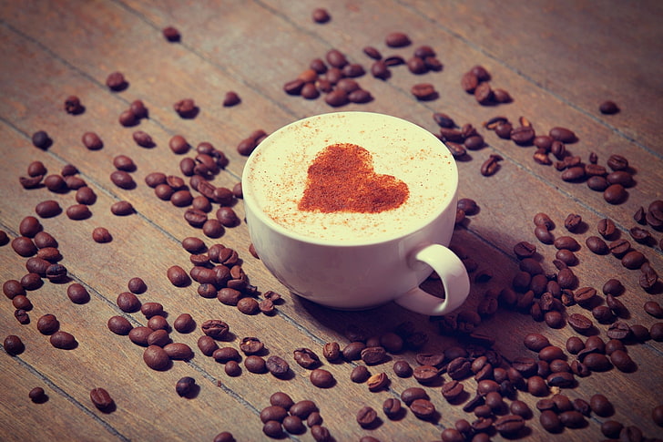 white teacup, coffee, coffee beans, HD wallpaper