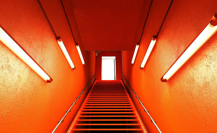 fotografia, laranja, escadas, néon, luzes, borda do espelho, HD papel de parede