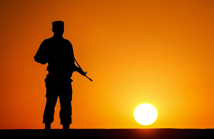 sunset, silhouette, soldiers, HD wallpaper