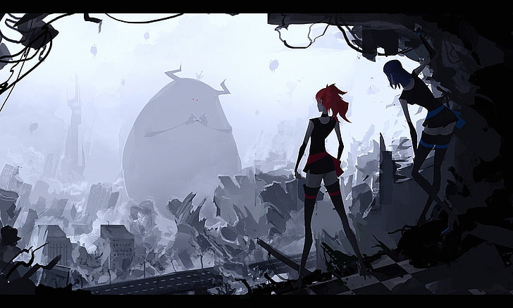 two women game characters wallpaper, creature, redhead, digital art, blue hair, Rives Alexis, HD wallpaper