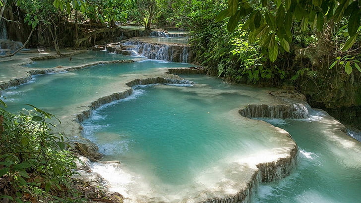 cachoeira, água, floresta, incrível, água azul, cascata, maravilhas naturais, reserva natural de huanglong, lago, lagos, beleza, natureza, HD papel de parede
