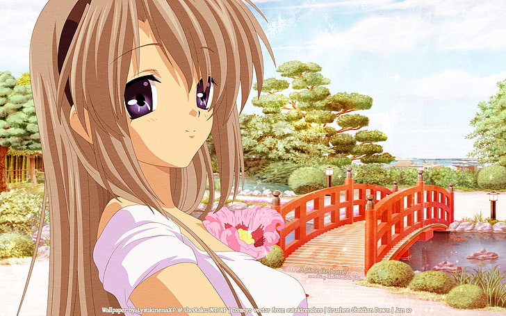 brown haired female anime character, clannad, sakagami tomoyo, girl, cute, bridge, walk, HD wallpaper