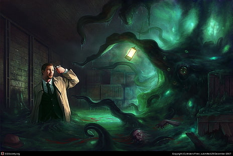 الرجل، الارتداء، المعطف البني، تصوير، Shoggoth، رعب، عمل فني، H.، P.، Lovecraft، خلفية HD HD wallpaper