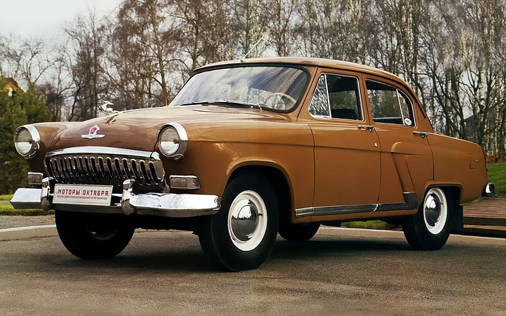 vintage brun sedan, bakgrund, sedan, klassisk, Volga, GAS, GAZ, 1958, brun. framsidan, M-21I, HD tapet
