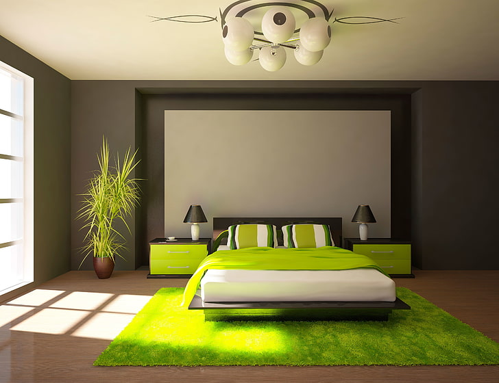 зеленое покрывало и серая деревянная каркас кровати, дизайн, стиль, комната, интерьер, спальня, HD обои