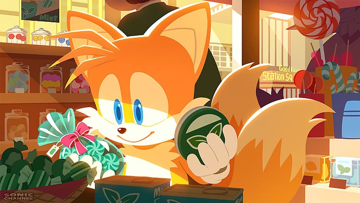 Sonic, Sonic the Hedgehog, Tails (персонаж), лисица, Sega, изкуство за видеоигри, комикс изкуство, бонбони, пазаруване, магазини, близалка, мента, HD тапет