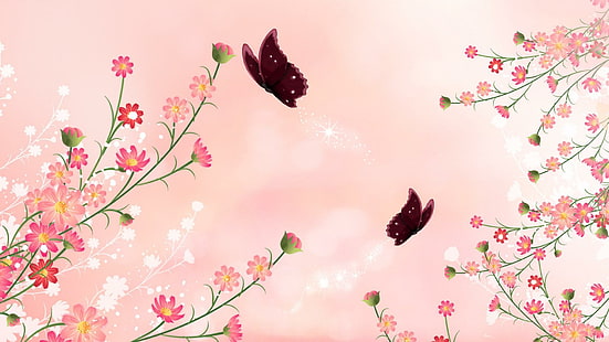 Verão da cor, persona do firefox, borboleta, rosa, flores silvestres, primavera, resumo, luz, verão, borboletas, 3d e ab, HD papel de parede HD wallpaper