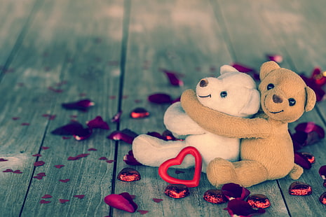 две плюшени играчки от бяла и кафява мечка, любов, мечка, играчка, сърце, романтично, сладко, Теди, HD тапет HD wallpaper