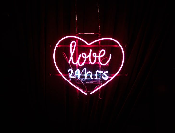 cinta 24 jam neon signage cahaya, jantung, prasasti, neon, cinta, Wallpaper HD