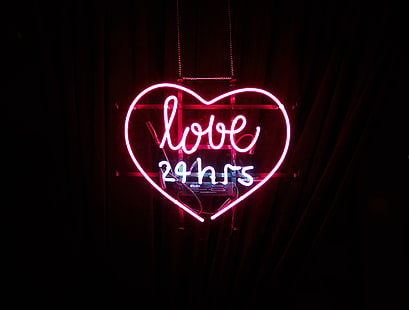 kärlek 24 timmar neonljus skyltar, hjärta, inskription, neon, kärlek, HD tapet HD wallpaper