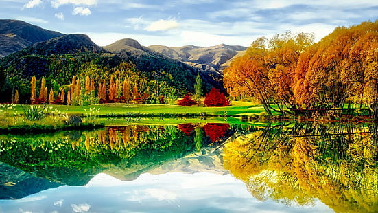 reflection, nature, foliage, lake, autumn, pond, mount scenery, leaves, mountain, golf course, water, sky, landscape, arrowtown, new zealand, golf, HD wallpaper HD wallpaper