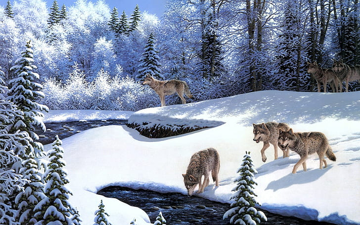 a, zwierzęta, sztuka, jasne, zimno, las, krajobrazy, natura, olej, ON !, obrazy, drapieżniki, grasuj, Richert, rzeki, robert, sceniczny, pory roku, śnieg, strumienie, drzewa, woda, biały, dzika przyroda , zima, wilk, wilki, Tapety HD