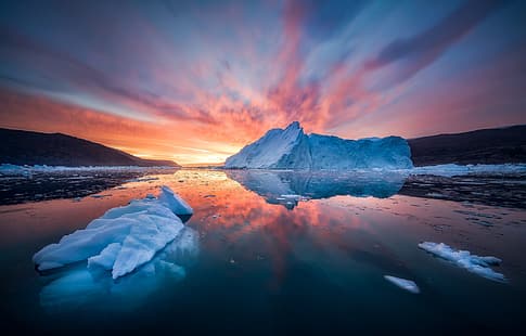 море, изгрев, зора, айсберг, лед, фиорд, Гренландия, HD тапет HD wallpaper
