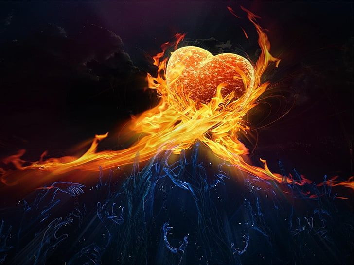 flaming heart wallpaper, Fantasy, Elemental, Blue, Damned, Dark, Fire, Flame, Hand, Heart, Spirit, HD wallpaper