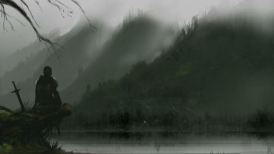 Cavaliere medievale, silhouette di illustrazione di spadaccino, fantasia, 1920x1080, montagna, lago, spada, cavaliere, Sfondo HD HD wallpaper