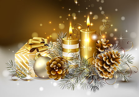 Illustrazione di decori di candele e palline, inverno, colore, nastro, oro, scatola, tesoro, la palla, bellezza, colori, candele, Natale, regali, dorato, bello, felice anno nuovo, grazioso, buon Natale, regalo, vacanze, palla,fresco, delizioso, simpatico, delicato, carino, candela, sottile, fiocco, Sfondo HD HD wallpaper
