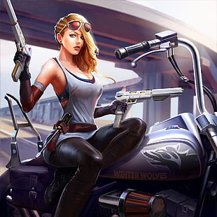 women, futuristic, motorcycle, gun, girls with guns, HD wallpaper HD wallpaper