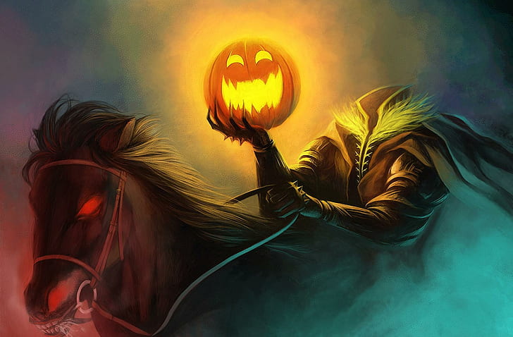 halloween, holiday, headless horseman, pumpkin, horse, jack-o-lantern riding on horse illustration, halloween, holiday, headless horseman, pumpkin, horse, HD wallpaper