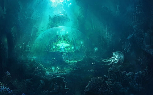 ilustracja podwodnego zamku, ryby, miasto, meduza, ruiny, kopuła, pod wodą, Tapety HD HD wallpaper