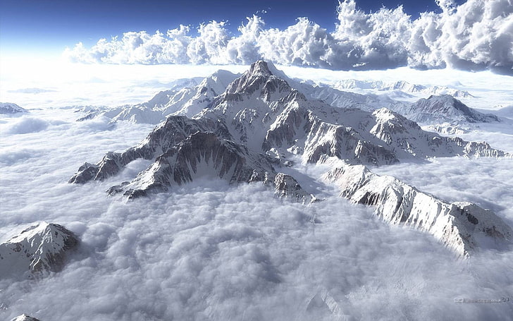 snowy mountain, clouds, mountains, sky, snow, white, HD wallpaper