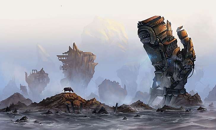 животное на коричневом холме возле металлического здания цифровые обои, море, туман, камни, скалы, механизм, робот, корова, руины, гигант, HD обои