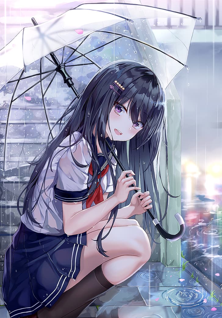 anime, anime girls, schoolgirl, school uniform, rain, socks, long hair, original characters, HD wallpaper