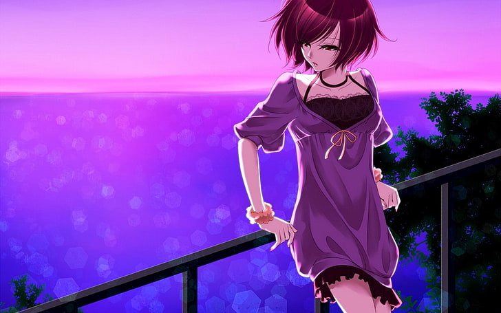 Beauty Dress Girl Anime-HD Desktop Wallpaper, chica de cabello rosado inclinada hacia atrás en la ilustración de la baranda, Fondo de pantalla HD