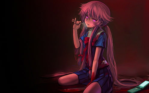 Gasai Yuno, gadis-gadis anime, anime, yandere, Mirai Nikki, darah, Wallpaper HD HD wallpaper