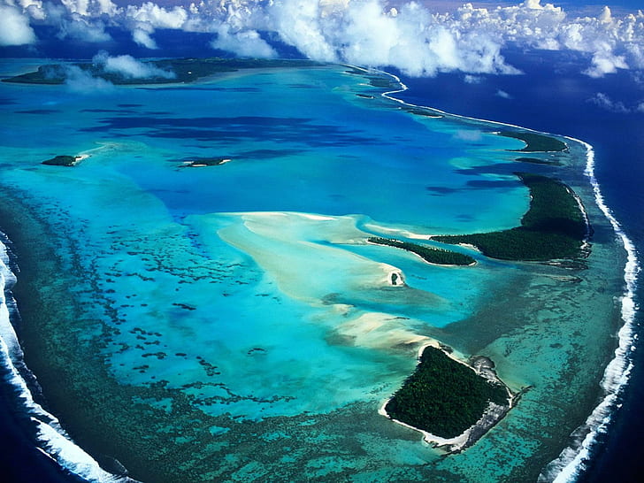 Arial View Of Aitutaki Cook Isls Polynesia, aerial photo of blue ocean, south, view, helicopter, beach, island, plane, aitutaki, atoll, polynesia, cook, arial, paradis, HD wallpaper