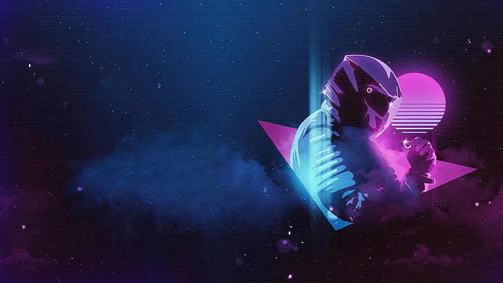 New Retro Wave, 1980s, Monstercat, scanlines, motorcyclist, Pylot, neon, musician, nebula, synthwave, space, HD wallpaper
