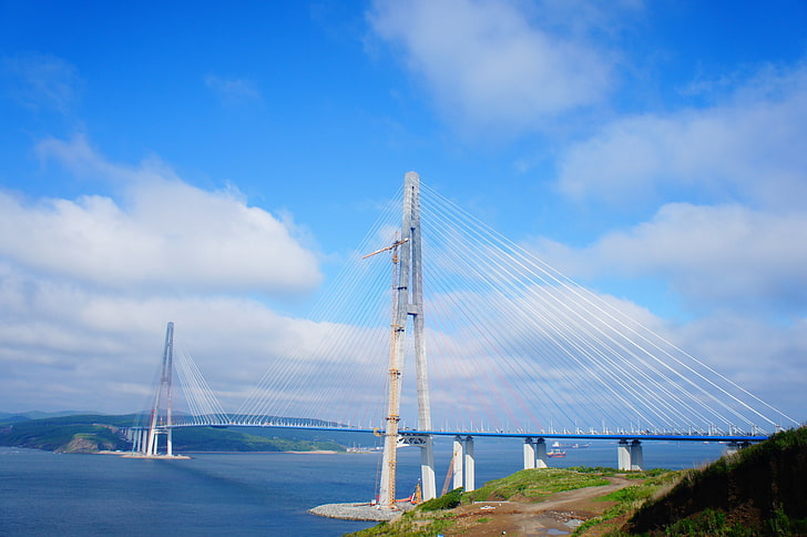 white and gray cable bridge, bridge, Vladivostok, ​​city, HD wallpaper
