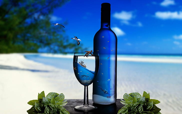 Koktajl morski, plaża, odświeżenie, napój, koktajl, butelka, wakacje, 3d i abstrakcyjne, Tapety HD