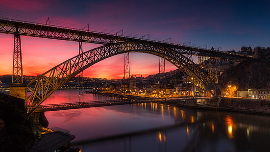 matahari terbenam, sungai douro, portugal, jembatan dom luis, porto, air, malam, sungai, daerah perkotaan, jembatan, eropa, fotografi, kota, senja, lanskap kota, langit, tengara, refleksi, Wallpaper HD HD wallpaper