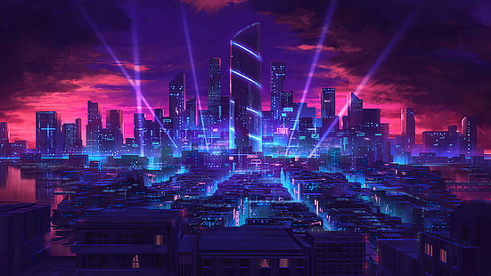  artwork, digital, lights, science fiction, skyscraper, city, cityscape, neon lights, HD wallpaper HD wallpaper
