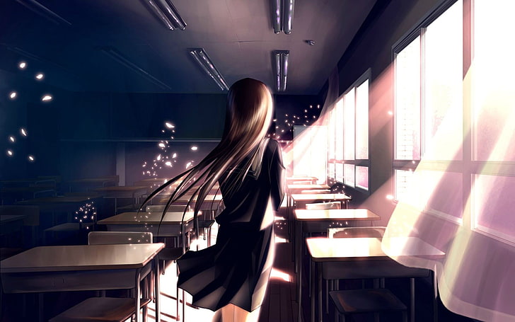 anime, anime girls, ruang kelas, seragam sekolah, karakter asli, Wallpaper HD