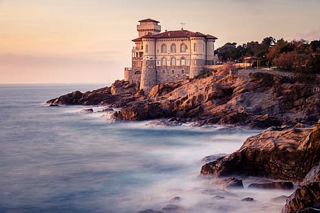 mar, paisagem, natureza, pedras, castelo, costa, Itália, Livorno, Castello del Boccale, Castle Mug, HD papel de parede HD wallpaper