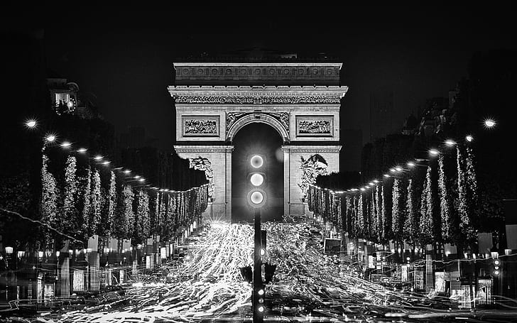 Paris Arc de Triomphe Lampu BW Timelapse HD, bw, arsitektur, lampu, timelapse, paris, de, arc, triomphe, Wallpaper HD