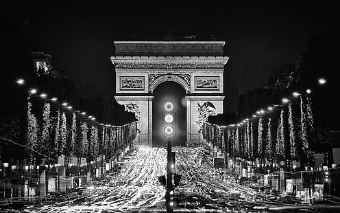 Paris Arc de Triomphe BW Lights Timelapse HD, bw, architecture, lights, timelapse, paris, de, arc, triomphe, HD wallpaper HD wallpaper