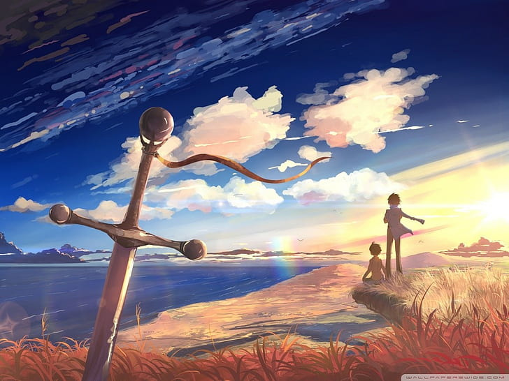 pedang, pasangan, langit, anak laki-laki anime, gadis anime, laut, awan, Wallpaper HD