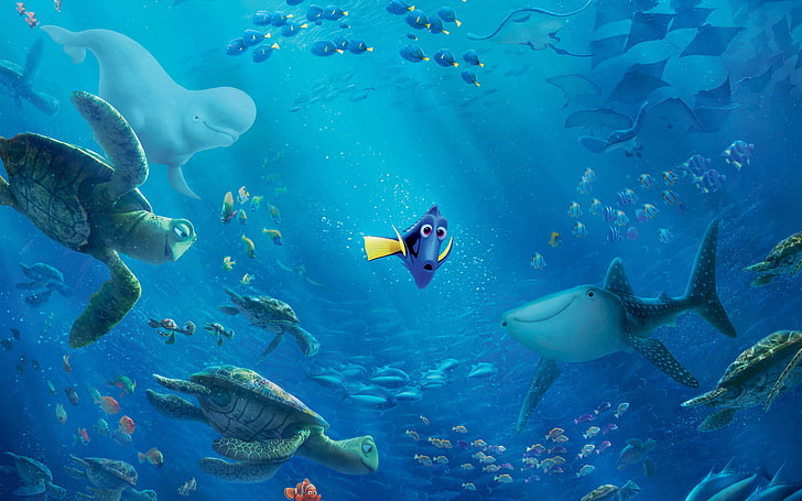 Dory from Finding Dory wallpaper, sea, fish, bubbles, the ocean, cartoon, shark, kit, underwater world, rays of light, turtles, Dori, Finding Dory, In finding Dory, HD wallpaper