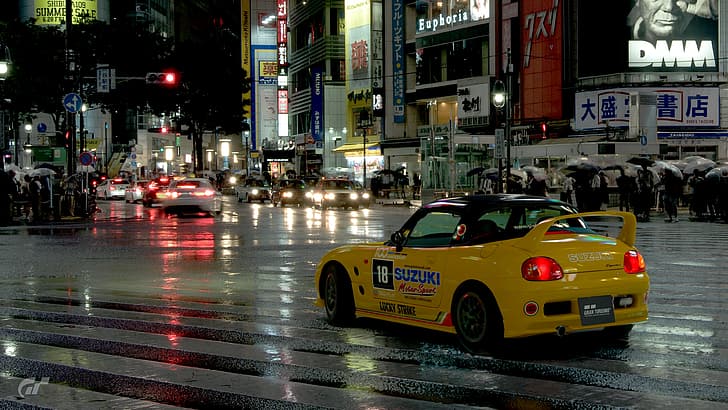 Gran Turismo รถยนต์ รถแข่ง การจัดการภาพ การถ่ายภาพ วิดีโอเกม ภูมิทัศน์ของวิดีโอเกม ศิลปะข้างถนน Gran Turismo 7 Polyphony Digital โตเกียว ญี่ปุ่น รถยนต์ญี่ปุ่น ทิวทัศน์เมือง Suzuki Suzuki Cappuccino สีเหลือง รถสีเหลือง รถยนต์ สปอยเลอร์, ทางข้ามจราจร, เครื่องหมายจราจร, การจราจร, วอลล์เปเปอร์ HD