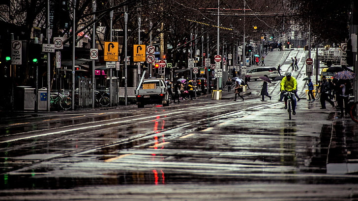rua, austrália, melbourne, tráfego, cidade, estrada, ciclista, molhado, noite, vida, faixa, carro, fotografia, luz, centro da cidade, HD papel de parede