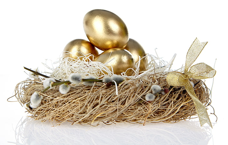 holiday, Easter, socket, bow, Golden eggs, willow twigs, HD wallpaper