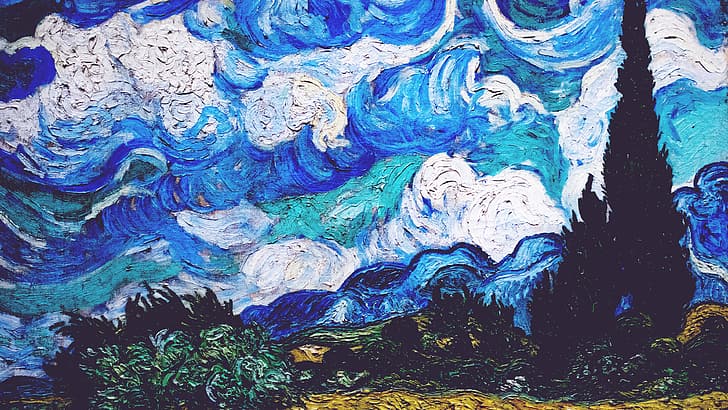 Vincent van Gogh, clouds, cypress, shrubbery, blue, HD wallpaper