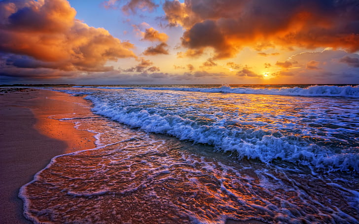 Sunset, sea, coast, surf, waves, clouds, Sunset, Sea, Coast, Surf, Waves, Clouds, HD wallpaper