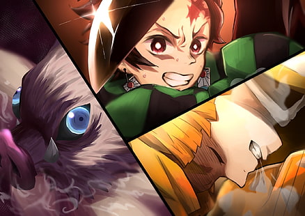 Anime, Demon Slayer: Kimetsu no Yaiba, Inosuke Hashibira, Tanjirou Kamado, Zenitsu Agatsuma, Sfondo HD HD wallpaper