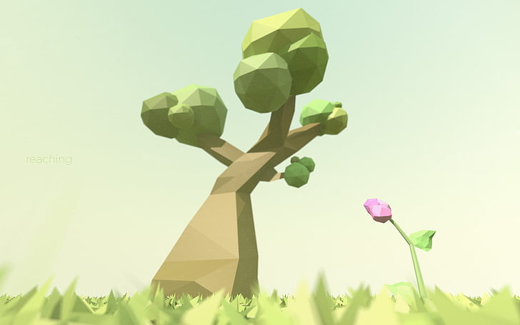 grönt träd illustration, låg poly, träd, digital konst, HD tapet