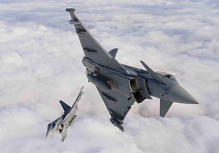 серый истребитель, Eurofighter Typhoon, реактивный истребитель, самолет, самолеты, небо, военный самолет, транспортное средство, военные, люфтваффе, HD обои HD wallpaper
