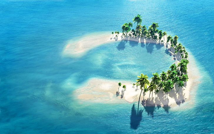 flygfoto över ön, sand, palmer, havet, ön, Maldiverna, havet, Maldiverna, HD tapet